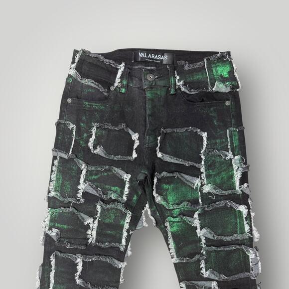 VALABASAS Patchwork Distressed Jeans Green Black Size 28 L35 Men’s - Picture 3 of 7